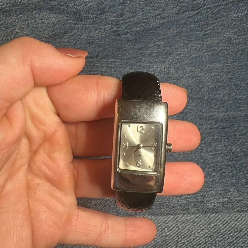 Vintage Geneva Silver and Black Rectangular Cuff Watch